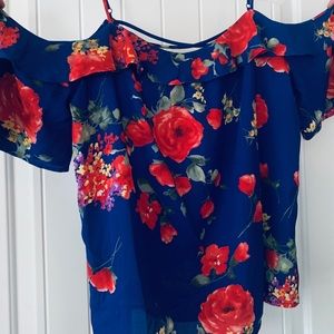 SOLD Heidi Cold Shoulder Ruffle Blouse- Cobalt